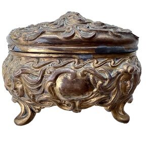 Antique Art Nouveau Gilt Metal Jewelry Casket Floral Footed Box
